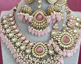 Bridal Pink Kundan Necklace Set, Indian Pakistani Wedding Jewelry