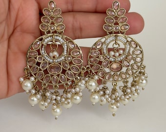 Antique Polki Pearl Stone Kundan Earrings/Kundan Stone Chandbali/Indian Earrings/pearl Earring/Pakistani Earrings/Statement Earrings