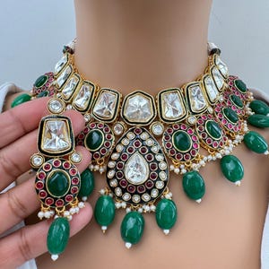 RubyGreen Bridal Uncut Kundan necklace set/Statement necklace/Indian/Punjabi Necklace/Pakistani Jewelry/Bridal Necklace, Wedding Jewelry