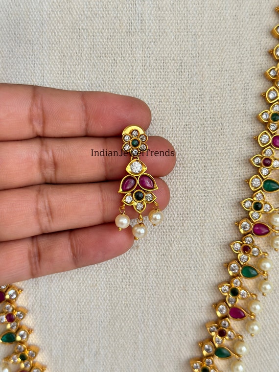 Gorgeous Ruby and Emerald Stone Floral Necklace - South India Jewels
