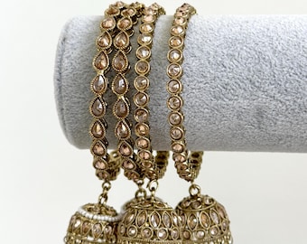 Bollywood Style Polki Kundan antique dull gold finish Pearl Jhumka Bangles Set Punjabi bangles Set/Bridal bangles/wedding/pakistani/2 pcs