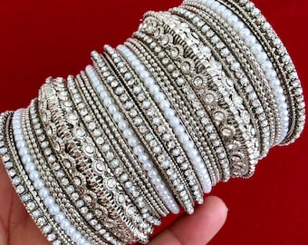 Bollywood-stijl Indiase steen parel zilveren afgewerkte armbanden set/Punjabi parel armbanden set/bruids armbanden/bruiloft sieraden/Pakistaans/feestelijk