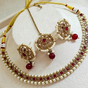 Ruby Antique Polki Kundan Necklace set, Indian necklace,Antique Dull Gold necklace, Indian,Pakistani Jewelry,Indian Wedding,Bridal set image 2