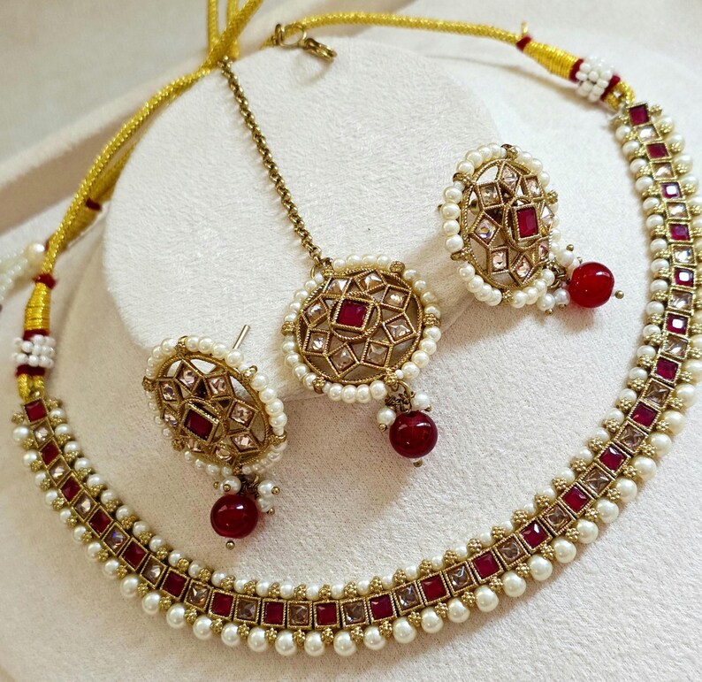 Ruby Antique Polki Kundan Necklace set, Indian necklace,Antique Dull Gold necklace, Indian,Pakistani Jewelry,Indian Wedding,Bridal set image 2
