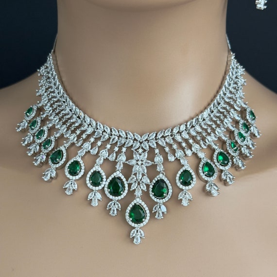 Emerald Cz Diamond Necklace american Diamond cz Stones Necklace Set elegant unique Jewelry indian pakistani bollywood indian Wedding bridal Etsy UK