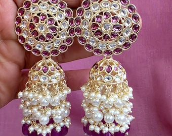 Oversized Gold Kundan Pearl Jhumka Earrings – Indo Western Style