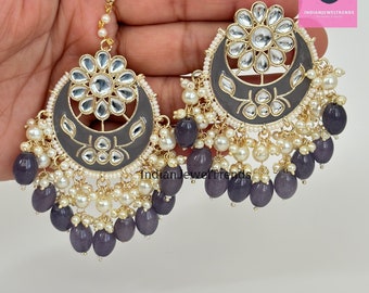 Gold Kundan Tikka w/Earring Set/ Indian Bridal Maang Tikka /Teeka Tika Headpiece Handmade Pearl Jewelry For Women Bollywood Bridesmaid Gifts