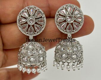 Plata Polki Jhumka/piedra Jhumka/pendientes indios/joyería india/paquistaní/punjabi/indio/pendiente de declaración/pendiente nupcial/boda india