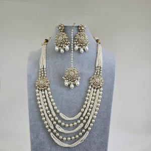 Pearl Kundan Long Necklace set/Gold pakistani maangtikka necklace/indian wedding Necklace/Long Kundan Adjustable length Necklace