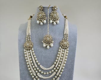 Pearl Kundan Long Necklace set/Gold pakistani maangtikka necklace/indian wedding Necklace/Long Kundan Adjustable length Necklace