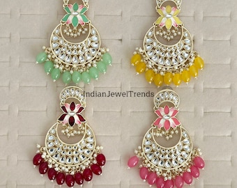 Bollywood Kundan Chandbali Earrings Indian Earrings pearl Earring Pakistani Earrings Statement Earrings Long chandelier Indian wedding