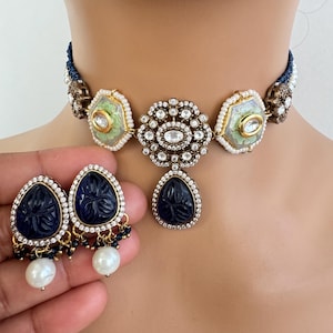 Colar azul vitoriano Polki Kundan Meenakari/Conjunto de colar de declaração/Joias indianas/Conjunto de joias paquistanesas/Colar de casamento/Colar de noiva