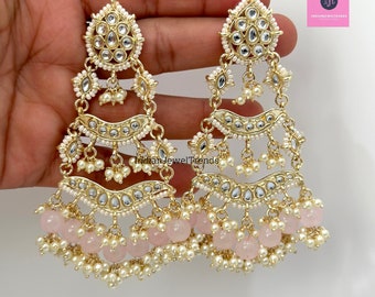 Bollywood Kundan Chandbali Earrings Indian Earrings pearl Earring Pakistani Earrings Statement Earrings Long chandelier Indian wedding