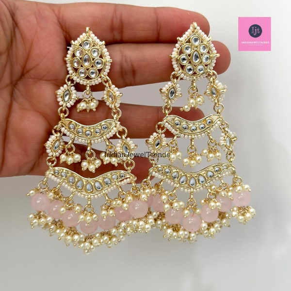 Bollywood Kundan Chandbali Earrings Indian Earrings pearl Earring Pakistani Earrings Statement Earrings Long chandelier Indian wedding