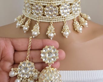 Weiße Perle Kundan Halskette Set / Kundan Choker / Bollywood Schmuck / indischer Schmuck / pakistanische Halskette / Punjabi Halskette / Braut / indische Hochzeit