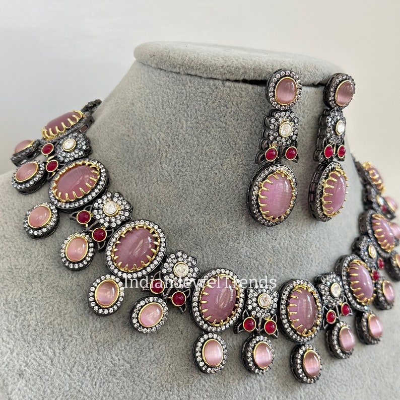 Pink Sabyasachi Inspired Victorian necklace, Antique Zirconium Diamond Statement Jewelry Set, Indian Pakistani wedding Jewelry image 3