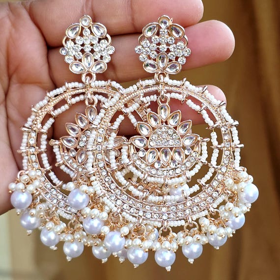 White Rose Gold Bollywood Stone Kundan Chandbali Earrings, Stone earrings, Indian Kundan Earrings,Pakistani Punjabi earrings, Indian wedding