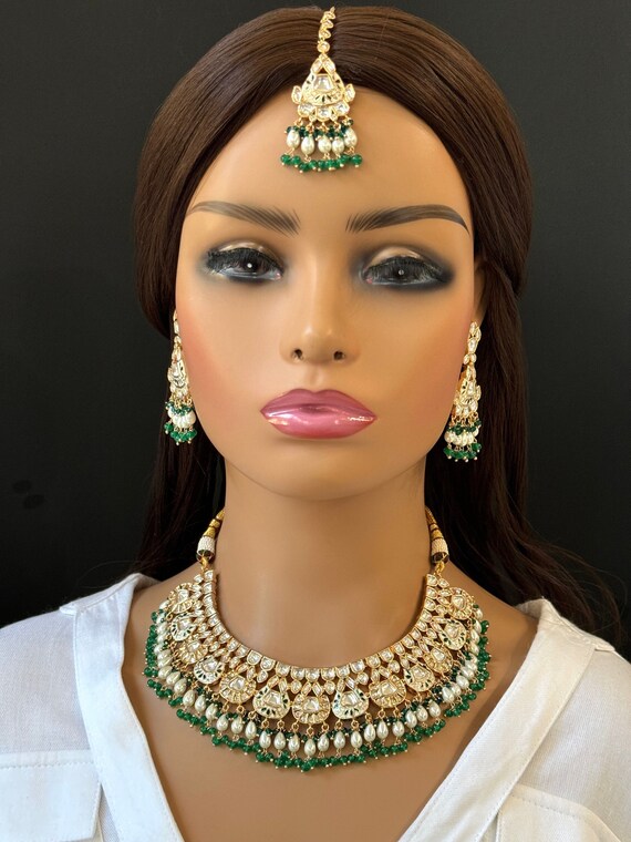 Bridal Green Fine Kundan Gold Plated Necklace Set Indian Pakistani Wedding Set Gold fine kundan bridal jewelry Bridal jewelry