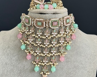 Conjunto de collar de gargantilla MintPink Kundan, gargantilla Pearl Kundan, joyería de Bollywood, joyería india paquistaní para boda