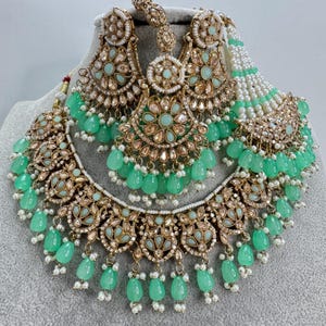 Mint Green Antique Shadow Stone Pearl Necklace with earrings and tikka and Passa Bridal necklace Indian Pakistani Punjabi Wedding Jewelry