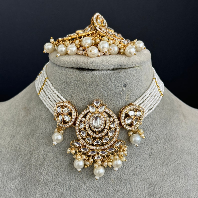 White Pearl Kundan Necklace Set/Kundan Choker/ Bollywood Jewelry/ Indian Pakistani necklace/ punjabi necklace/bridal necklace/indian wedding zdjęcie 6