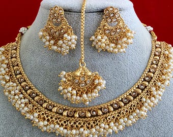 Collar Kundan Polki de oro Guttapusalu/Gargantilla Kundan/Joyería tradicional/Joyería india/Collar punjabi pakistaní/Novia/Boda india