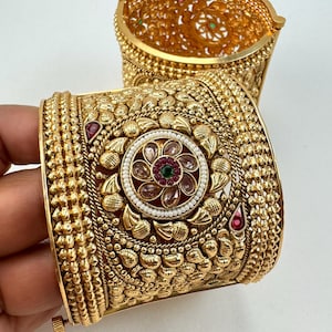 Gold plated Rajwadi Antique Broad Bangles Single openable Kada Bangle(1Pc)/Indian Kada/Wedding Jewelry/Kada/Punjabi Jewelry/Indian Wedding