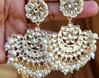 Kundan Chandbali, Indo Western Bridal Pearl Earrings | Gold Plated | 75mm Height, 50mm Width
