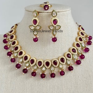 Purple Kundan Layered Necklace And Earring Sets