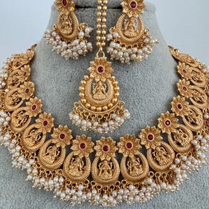 Ruby Gold Goddess Laxmi Necklace set/Temple South Indian Jewelry/Temple Jewelry/Guttapusalu gold choker/Indian Wedding/Bridal necklace