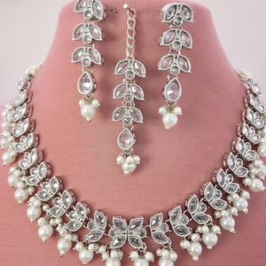 Silver Polki Kundan necklace set/Statement necklace/Indian Jewelry/Pakistani Jewelry set/Weddings necklace/Bridal necklace/Indian necklace