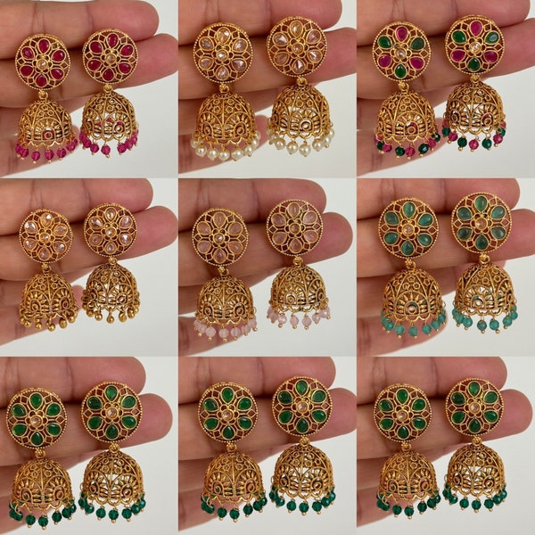 Gold plated Polki Jhumka/stone Jhumka/Indian Jewelry/Pakistani/Punjabi/Indian/Statement earring/Bridal earring/Indian wedding