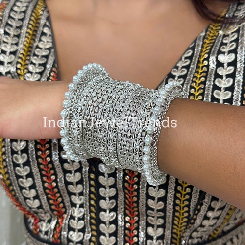 Silver Pearl Bangles Set/pearl Bangles/indian Bangles/indian