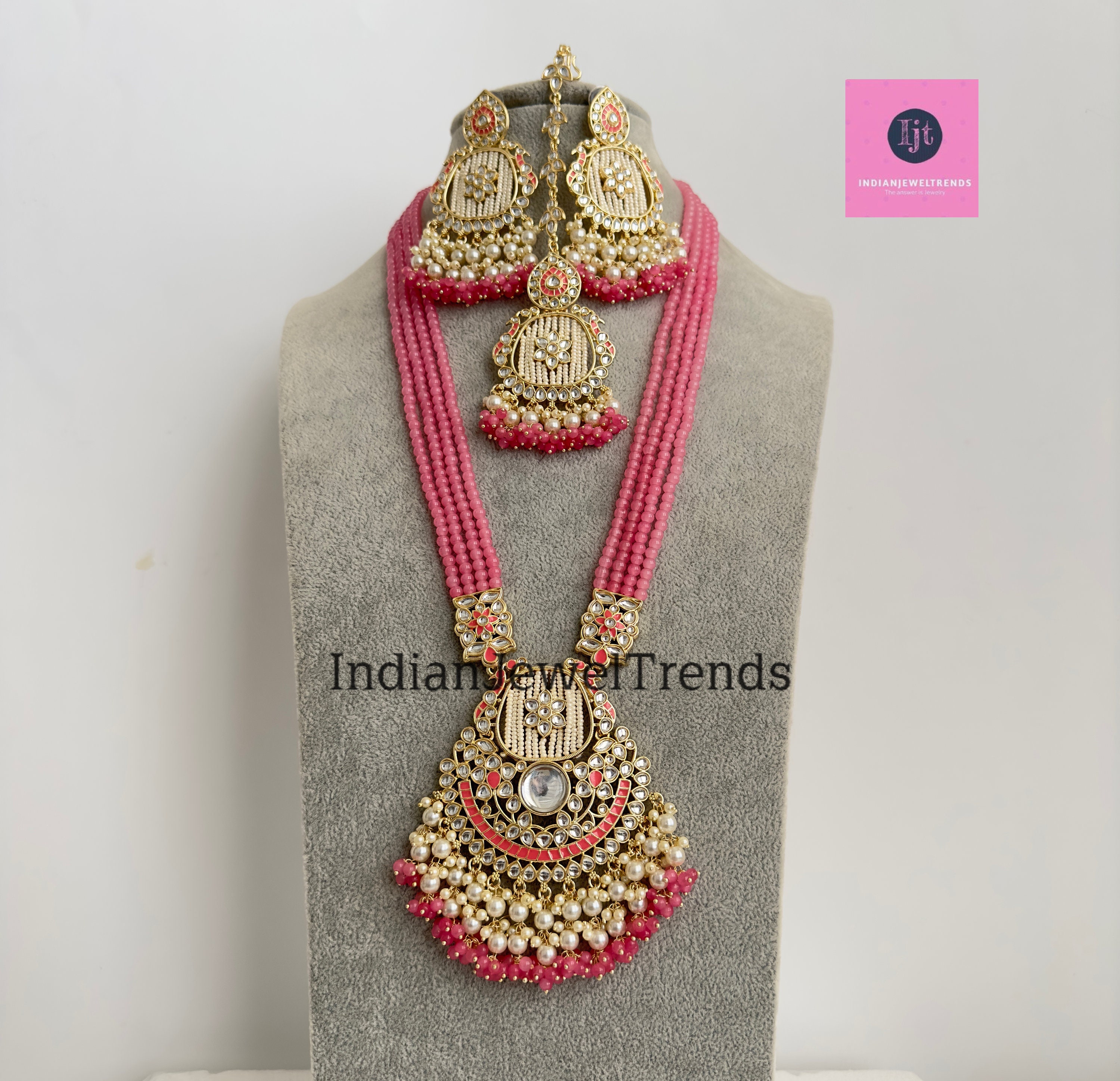 Pink Beads Long Jhumka Necklace Multi stranded Rani Haar Indian Bolly –  Indian Designs