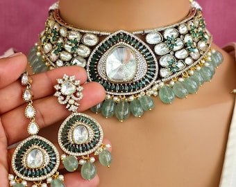 Bridal Mint Green Pota Stones Mossinate Polki Victorian Choker Necklace, Indian Pakistani Wedding necklace, Semi-Precious Jewelry