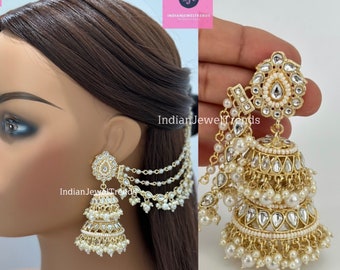 Bahubali Kundan Pearl Jhumka/stone Jhumka/Indian Jewelry/Pakistani/Punjabi/Indian/Statement earring/Bridal earrings/Indian wedding jewelry