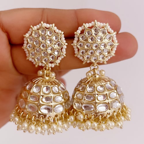 Bollywood Indian Antique Gold Huge Earrings Gold Rhinestone Imitation Pearls 