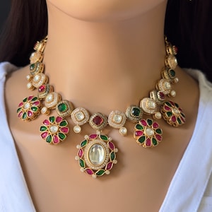 RubyGreen プレミアム品質のカットされていないポルキ クンダン ビクトリア朝ネックレス/サビヤサチネックレス/クンダン ジュエリーセット/インドの結婚式/ブライダルネックレス