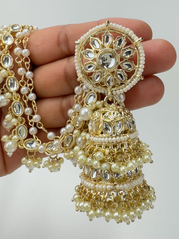 Bahubali Kundan Pearl Jhumka/stone Jhumka/Indian  Jewelry/Pakistani/Punjabi/Indian/Statement earring/Bridal earrings/Indian  wedding jewelry