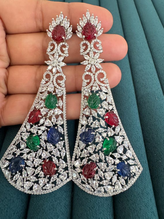 Multi Long Cocktail CZ Diamond Earring, American Diamond Earrings