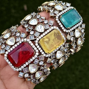 Doublet Moissanite Polki Dull Gold bracelets, Single Broad Bangle bracelets, bridesmaid gifts, Indian Pakistani,Fit to Size 2.4 and 2.6,Gift