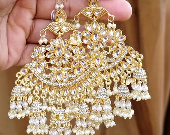Kundan Earrings, Bollywood Chandbali Chandelier - Antique Gold Finish | 4-Inch Length, 2.5″ Width