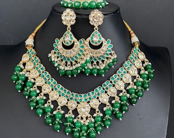 Handmade Green Kundan Choker Necklace, Indian Bridal Jewelry