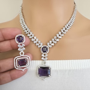 Purple Silver CZ Diamond necklace, American Diamond Necklace,Indian pakistani jewelry for wedding, gift for her, bridal jewelry