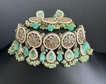 Mint Antique Polki Kundan necklace, Statement necklace, Indian Jewelry, Pakistani Jewelry,Wedding necklace, Bridal necklace