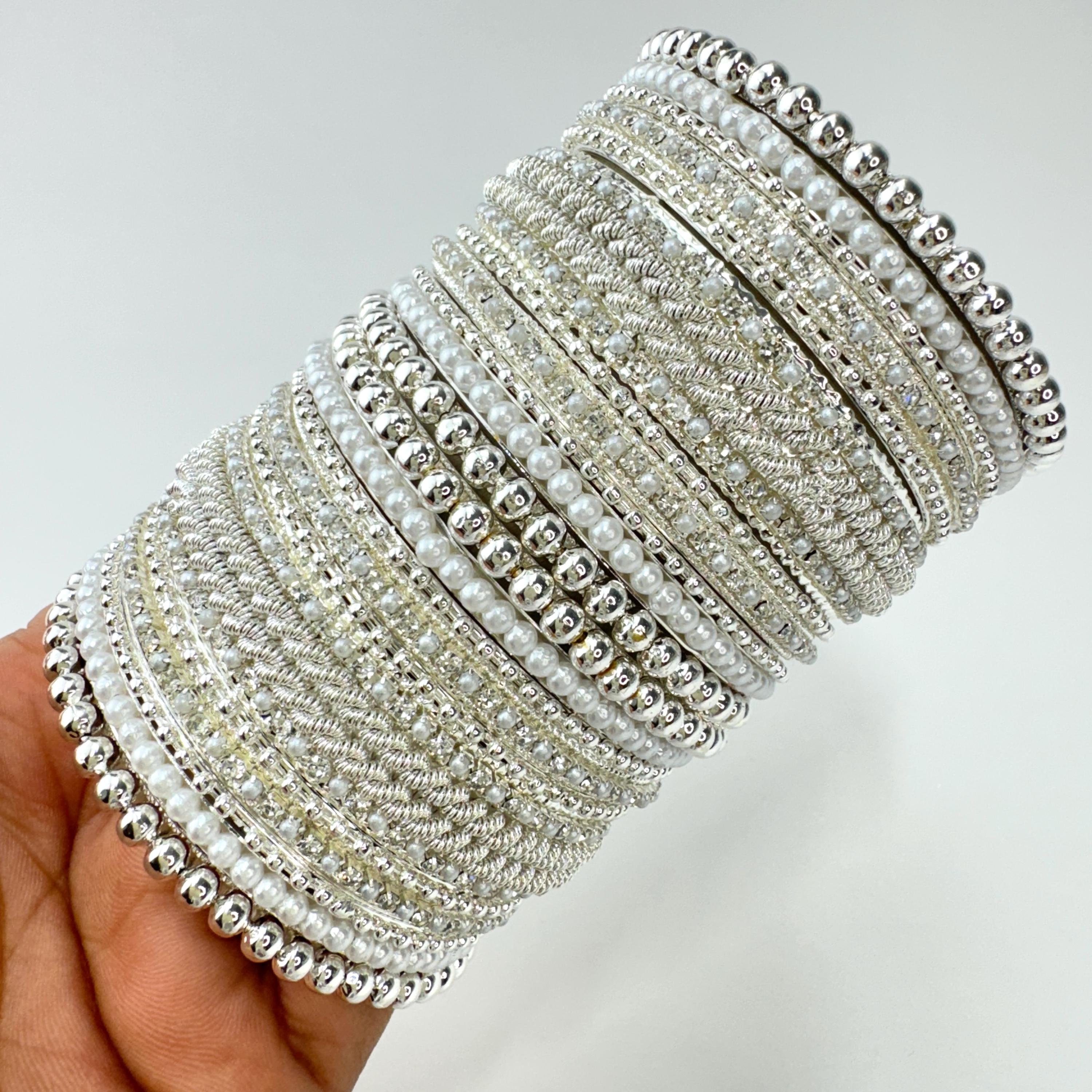 Bollywood Style Indian Stone Pearl Silver Finished Bangles Set