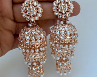 Bollywood RoseGold Kundan Jhumka earrings,Indian Kundan Earrings, Pakistani Jewelry, Indian Jewelry, Punjabi