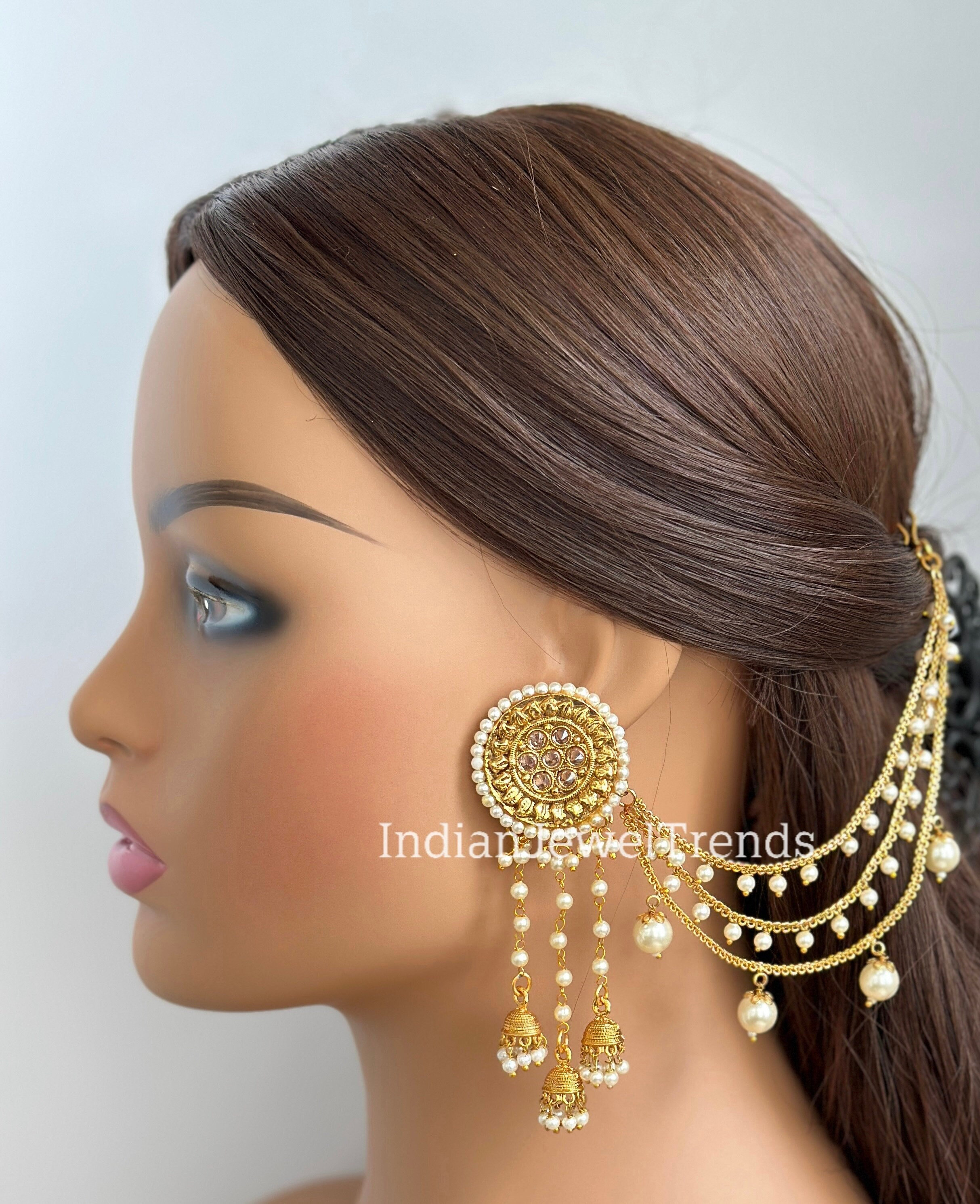 Buy Simple Kundan and Pearl Drop Earrings With Ear Chain, Classic Indian  Sahara Earrings, Pakistani Wedding Jewelry, Hyderabadi Jhumka/jhumki Online  in India - Etsy