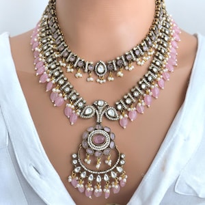 Pink Premium Quality Victorian Moissanite Polki Kundan Necklace/Statement Long Set/Semi Precious/Rani Haar/Indian wedding/Bridal Collection