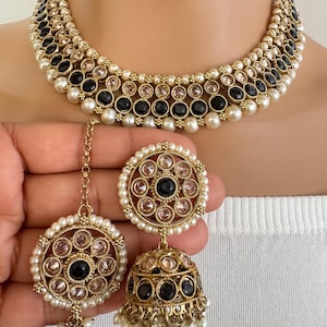 Black Antique Polki Kundan Pearl Necklace with earrings and tikka, bridal necklace, Indian Pakistani Wedding Jewelry